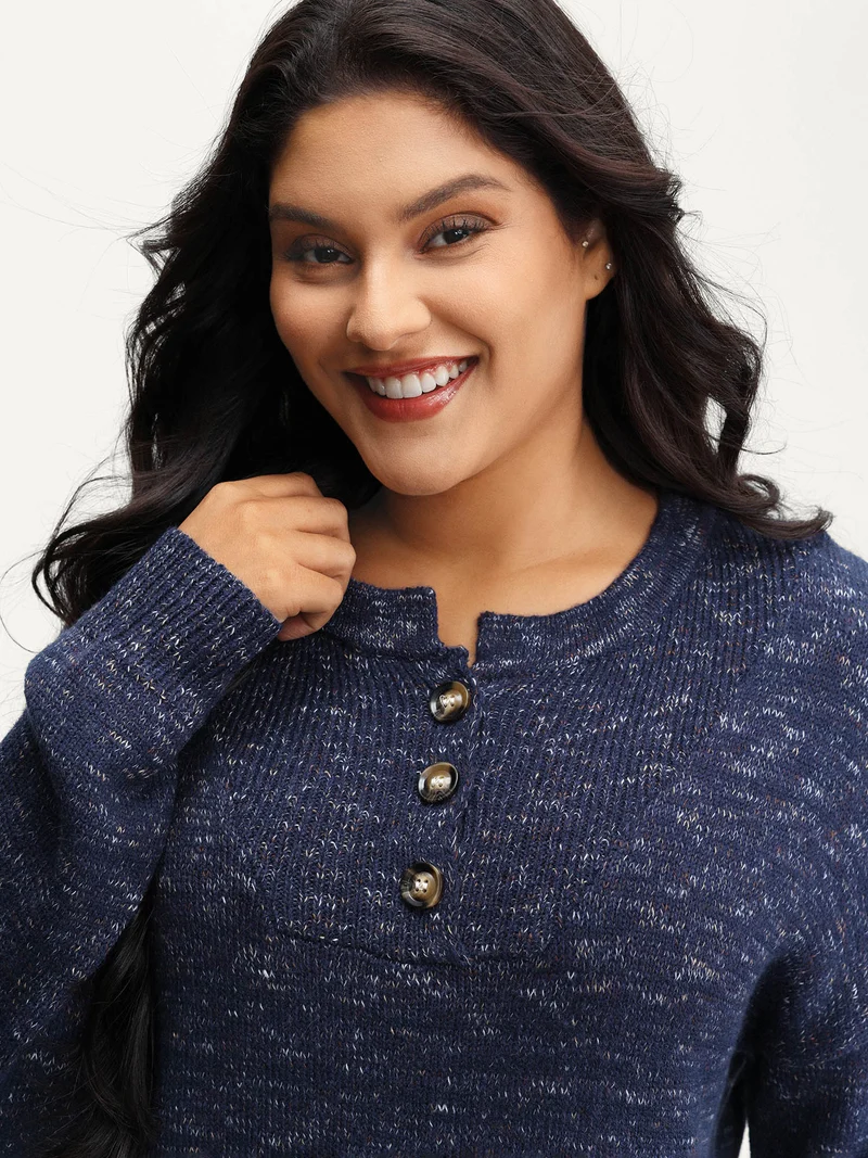 Heather Textured Button Neck Pullover