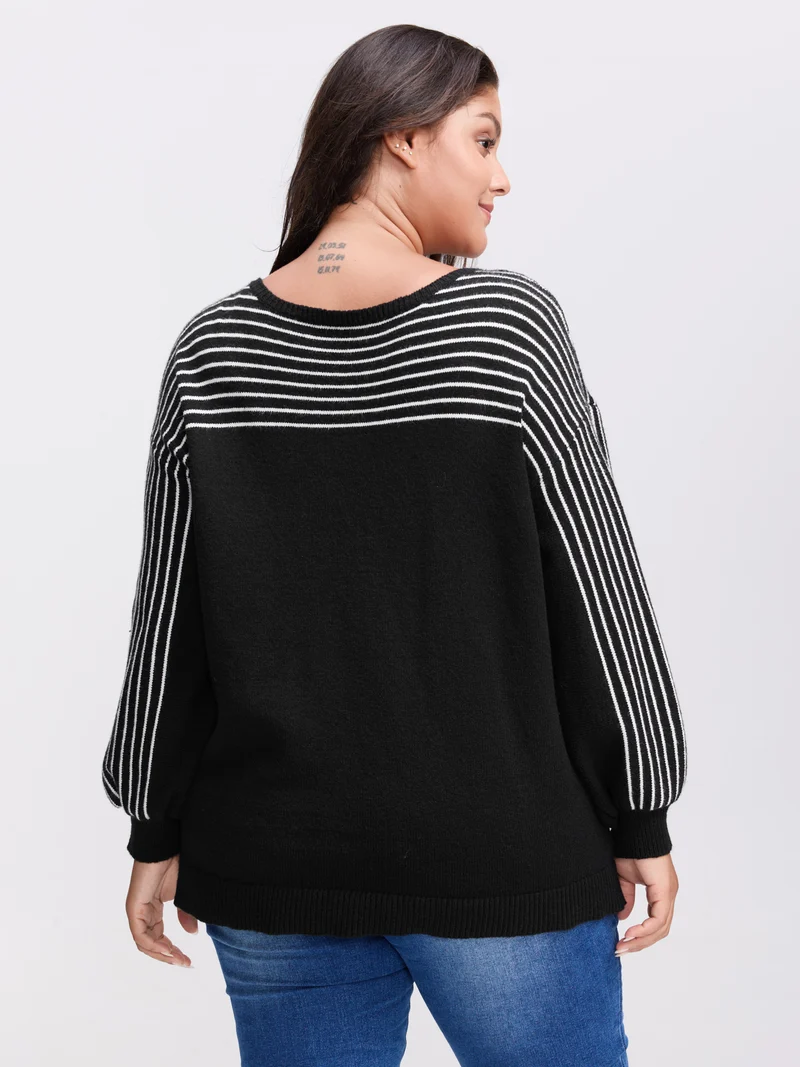 Stripe Boat Neck Balloon Sleeve Pullover