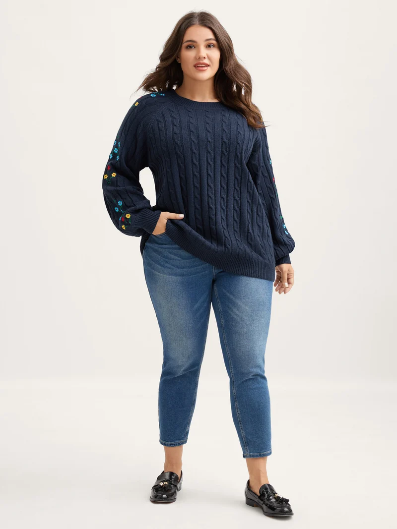 Cable Knit Embroidered Raglan Sleeve Pullover