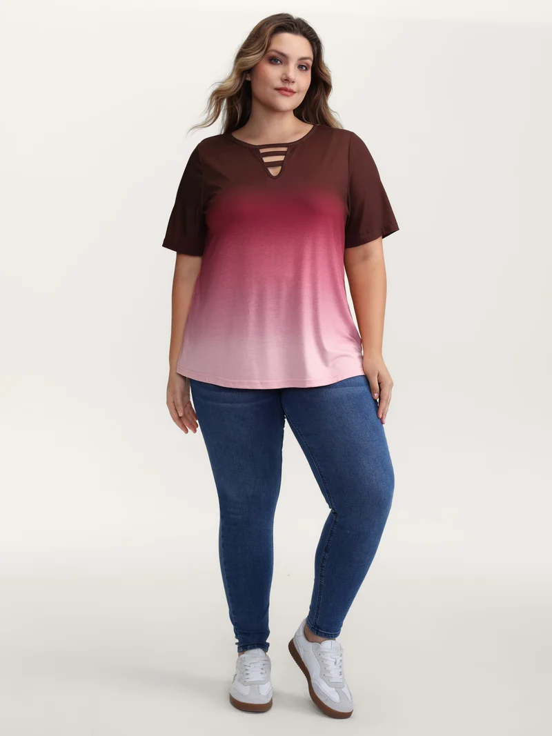 Tie-Dye Blend Neck Cut-Out T-Shirt