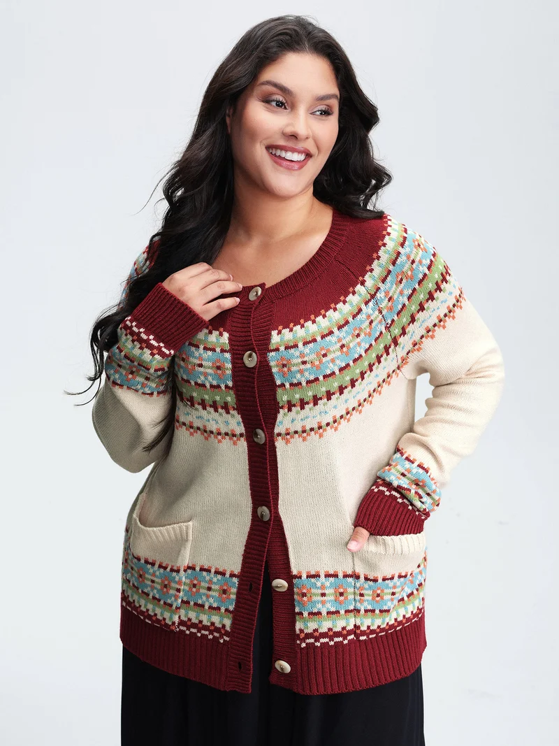Fair Isle Button-Front Pockets Cardigan