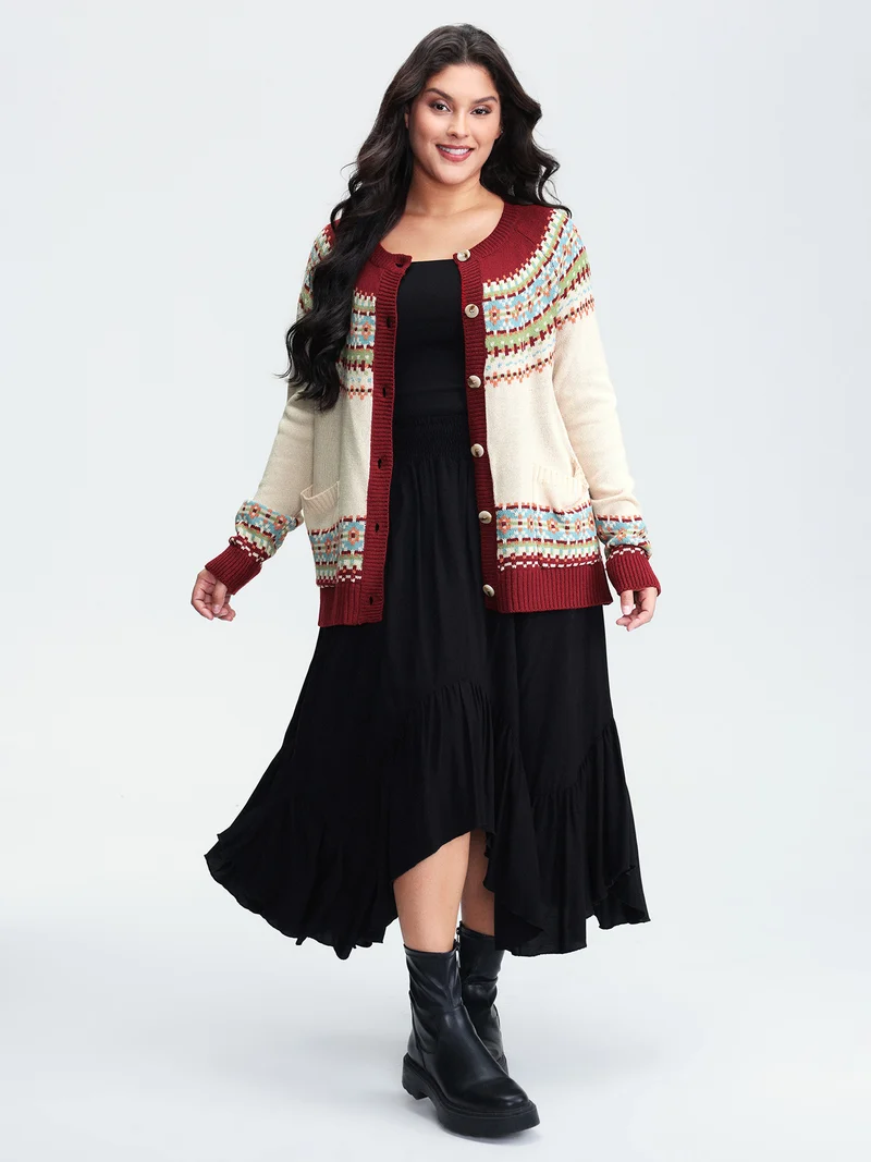 Fair Isle Button-Front Pockets Cardigan