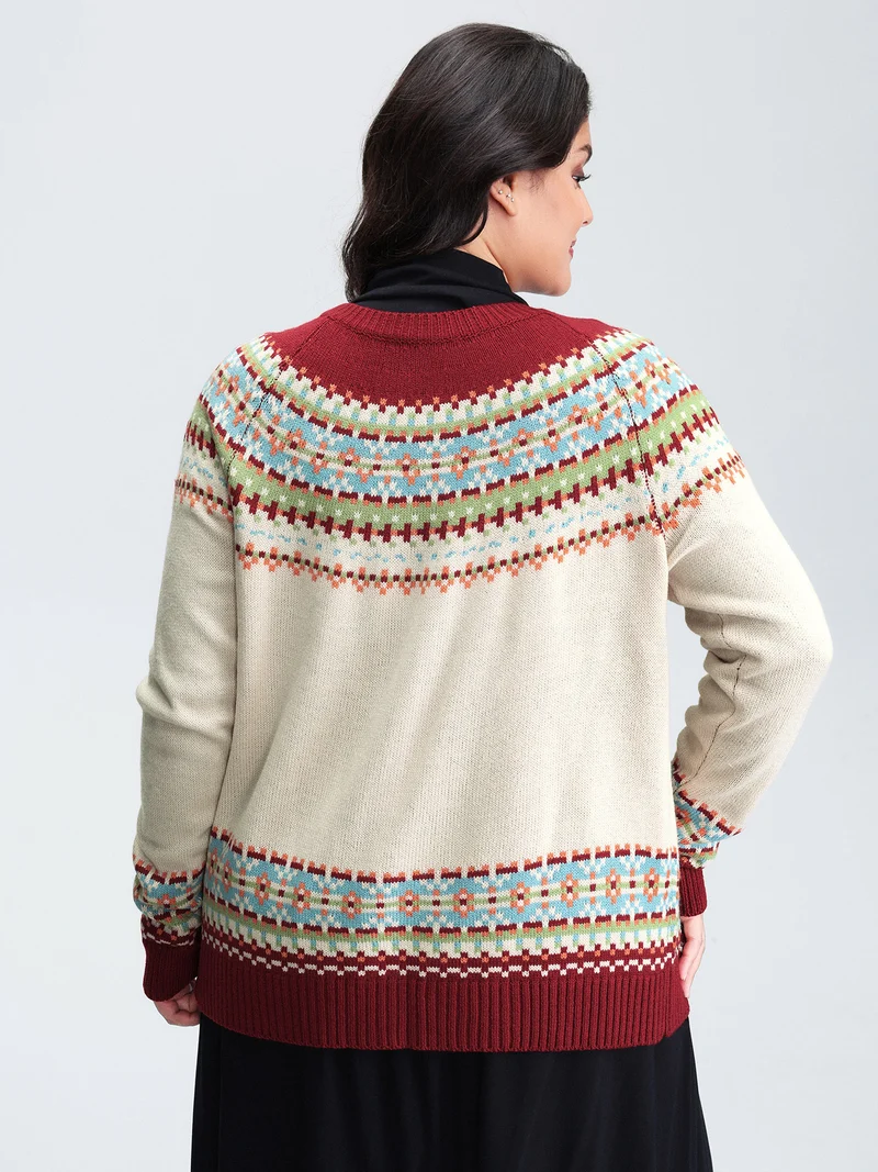 Fair Isle Button-Front Pockets Cardigan