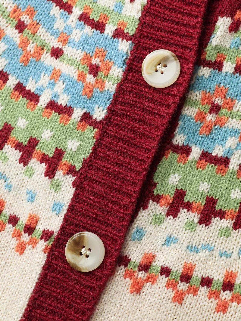 Fair Isle Button-Front Pockets Cardigan