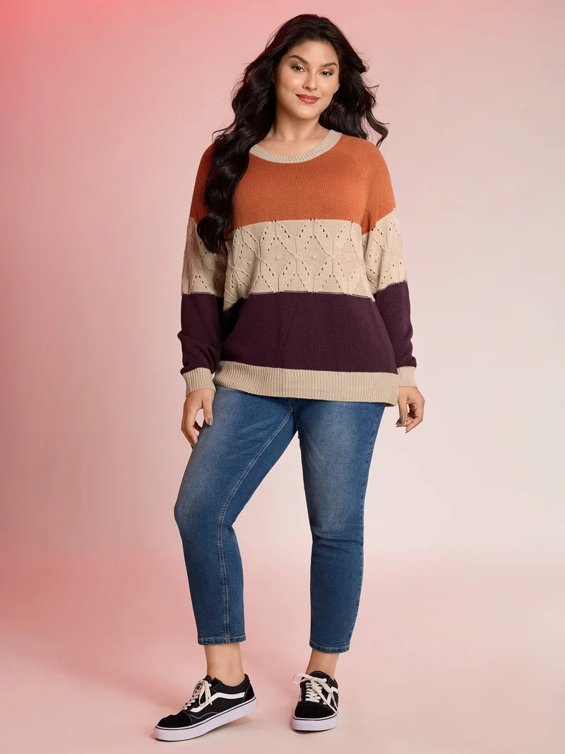 Colorblock Textured Ribbed Hem Pullover