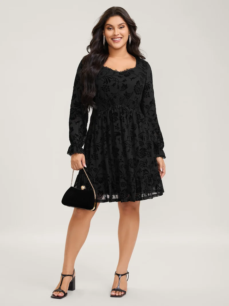 Textured Floral Shirred Waist Knee-Length Dress
