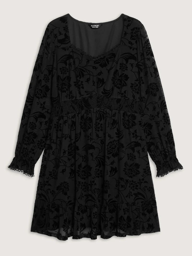 Textured Floral Shirred Waist Knee-Length Dress