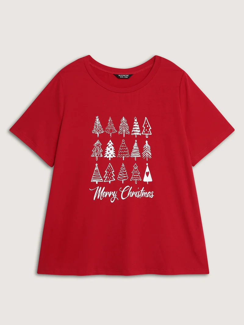 Cozy Christmas Print Round Neck T-Shirt
