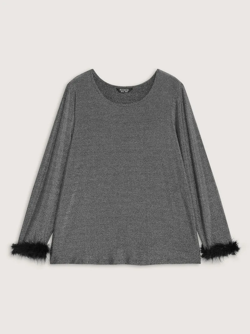 Shiny Silk Fur Cuffs Blouse
