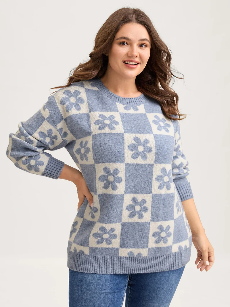 Floral Checkered Color Contrast Pullover