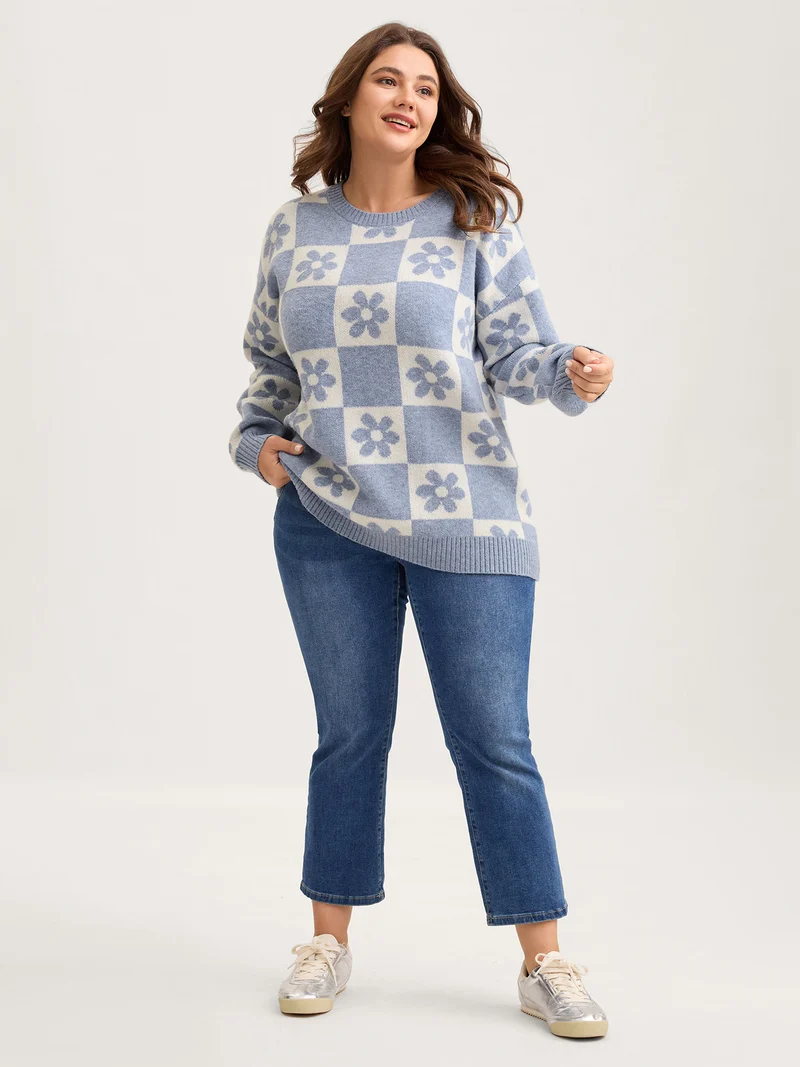 Floral Checkered Color Contrast Pullover