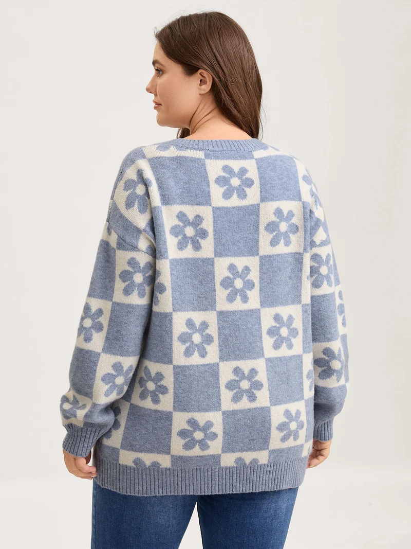 Floral Checkered Color Contrast Pullover