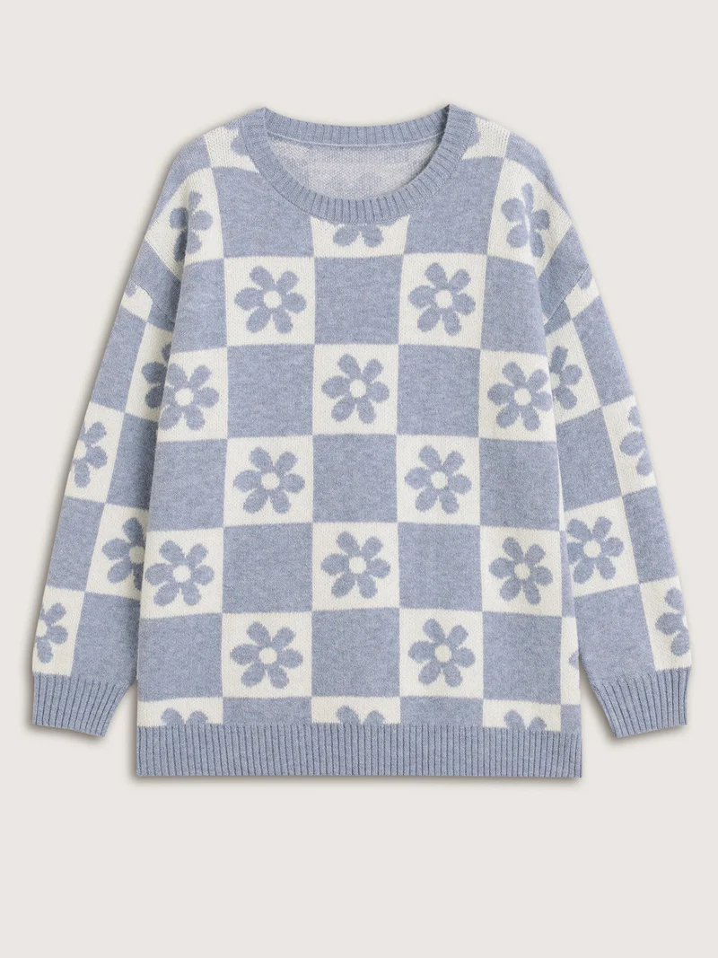Floral Checkered Color Contrast Pullover
