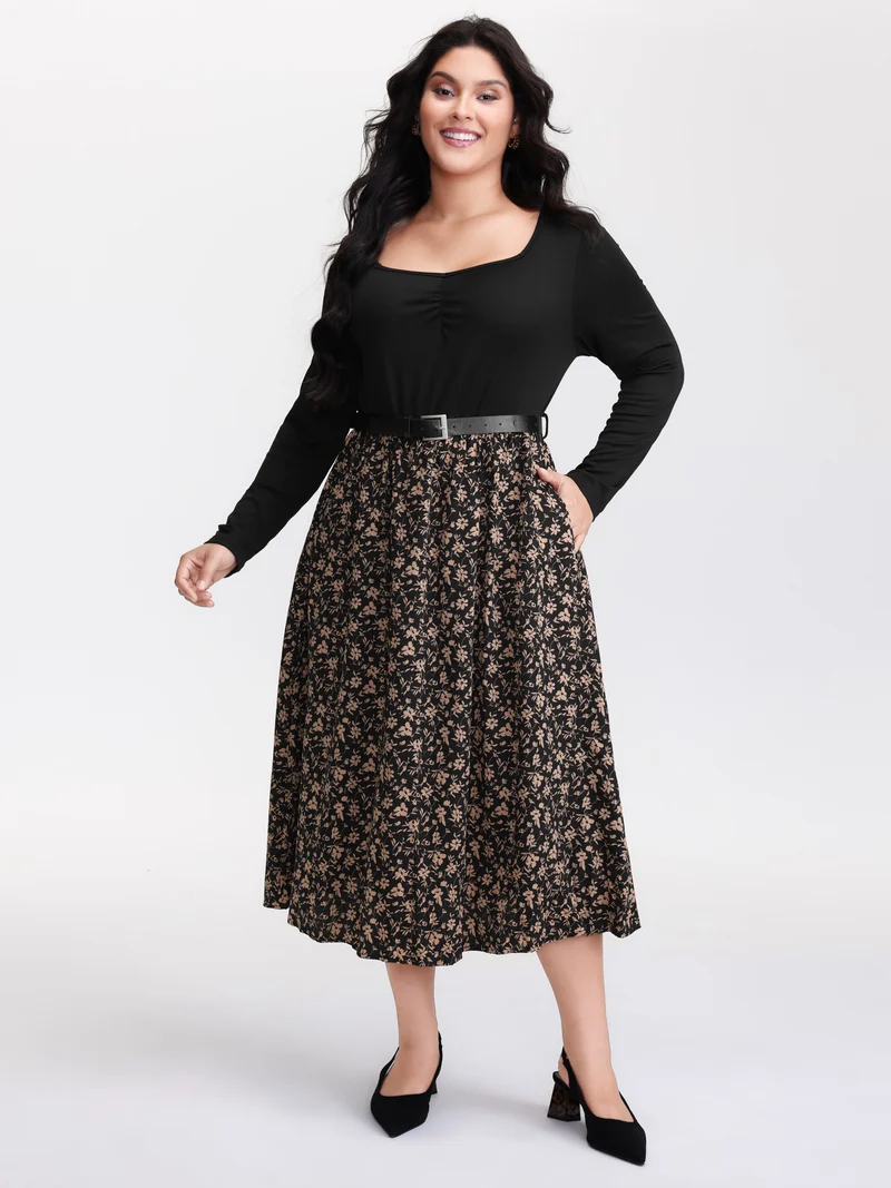 Floral Ruched Detachable Belt Maxi Dress