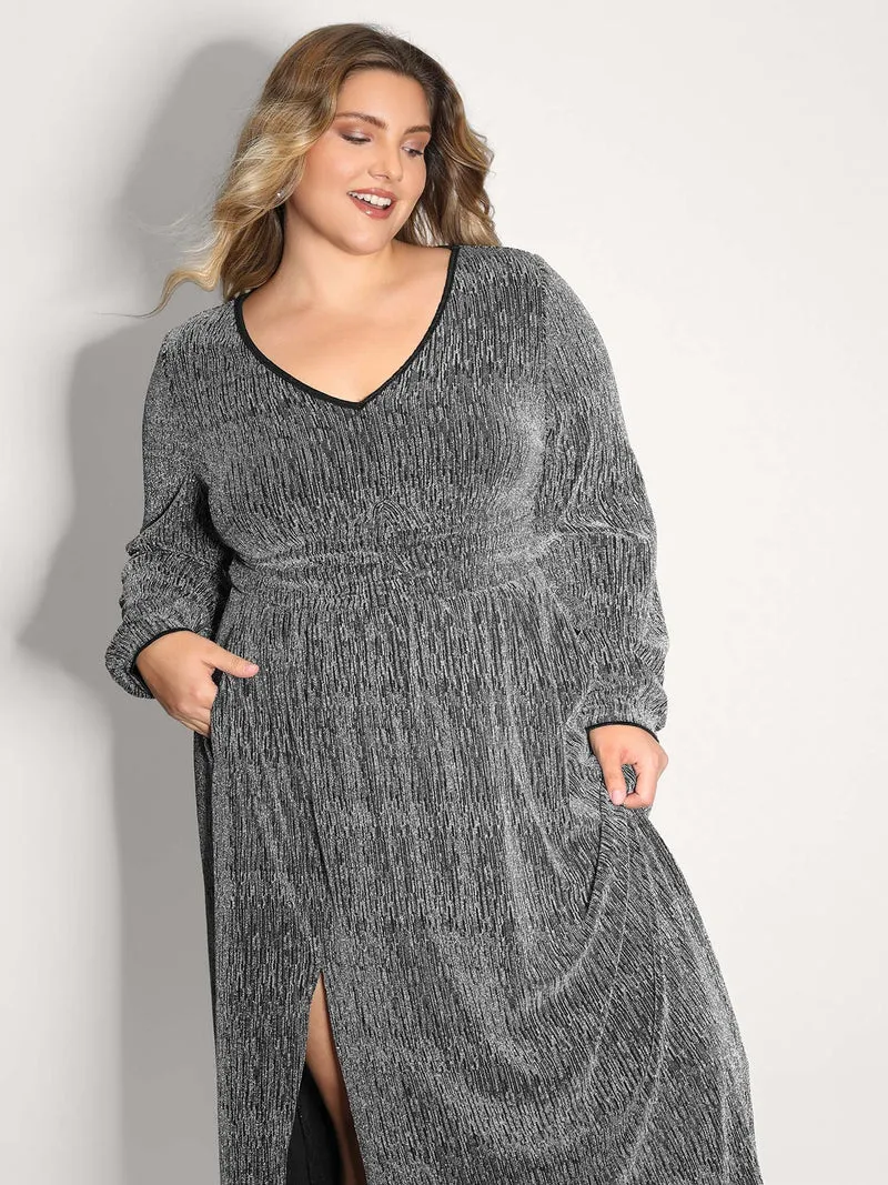 Lurex Side Slit Pleated Waist Maxi Dress