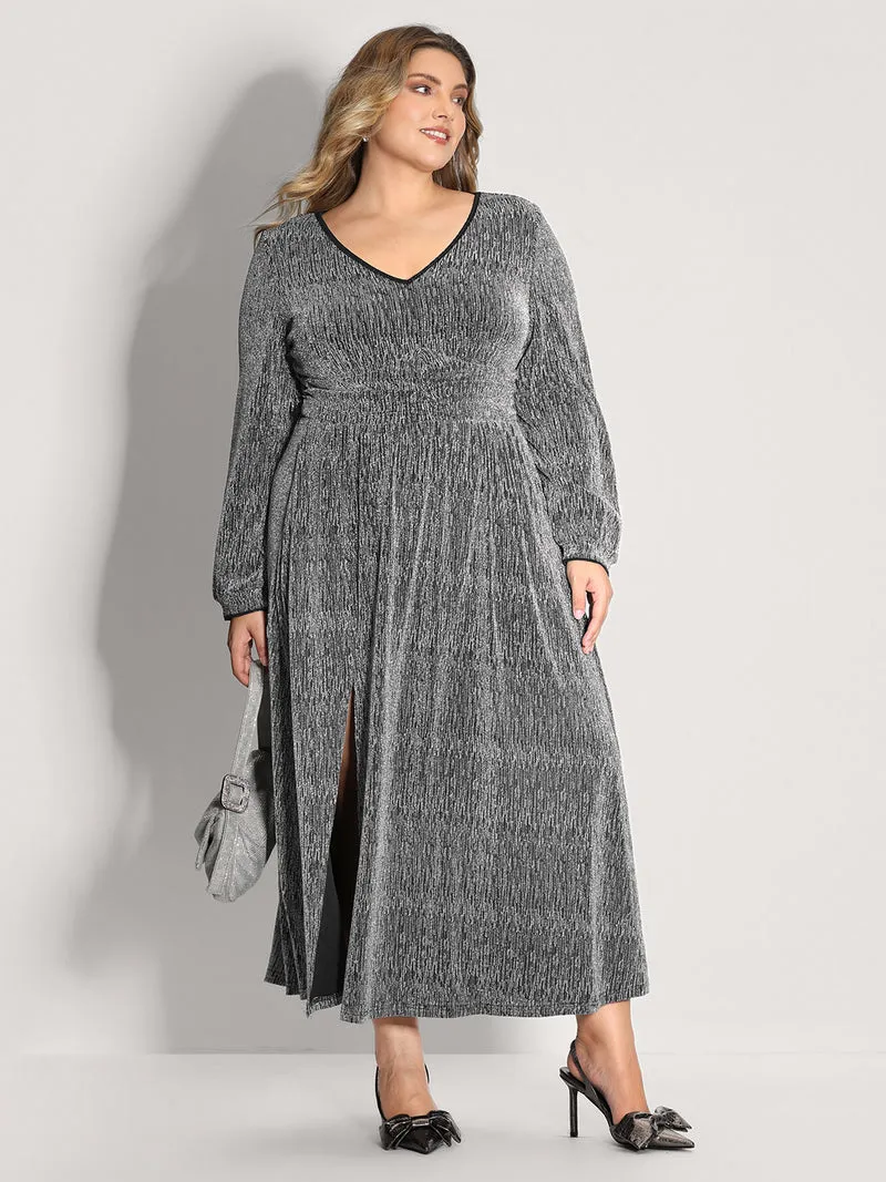 Lurex Side Slit Pleated Waist Maxi Dress