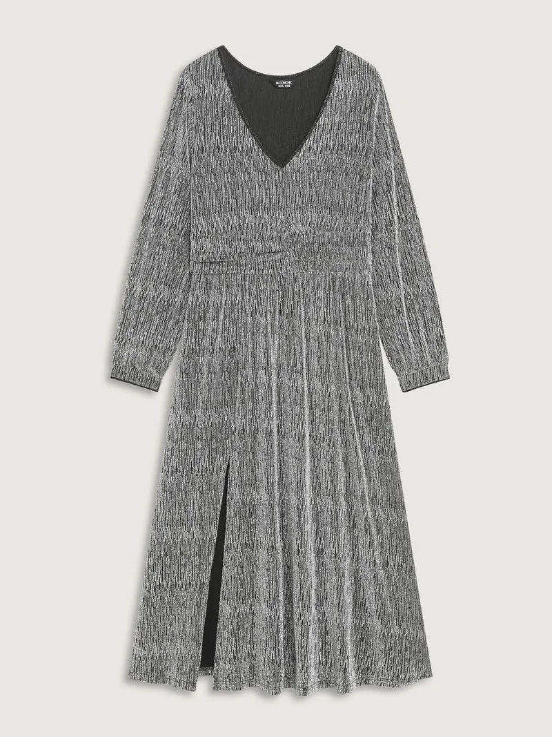 Lurex Side Slit Pleated Waist Maxi Dress