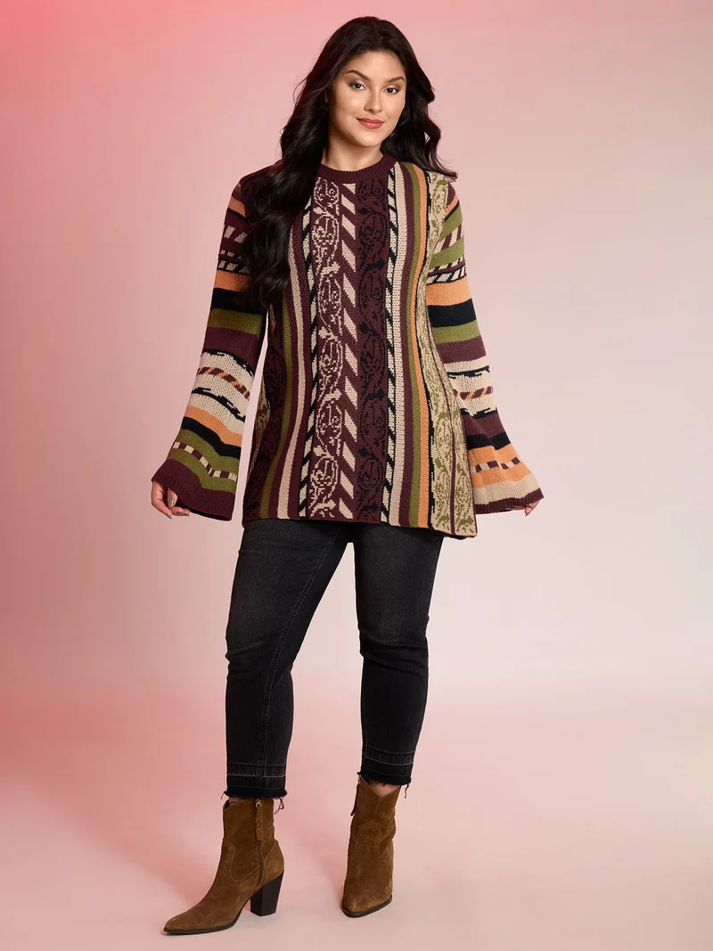 Boho Stripe Flared Sleeve Stretchy Pullover