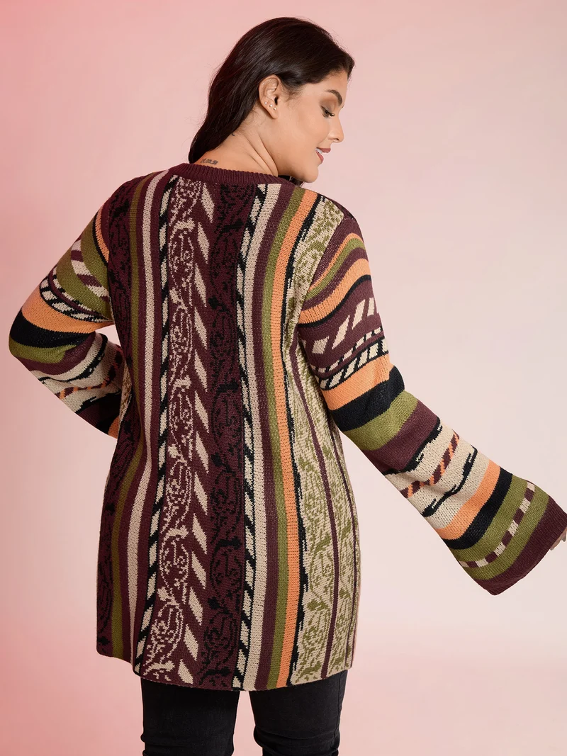 Boho Stripe Flared Sleeve Stretchy Pullover