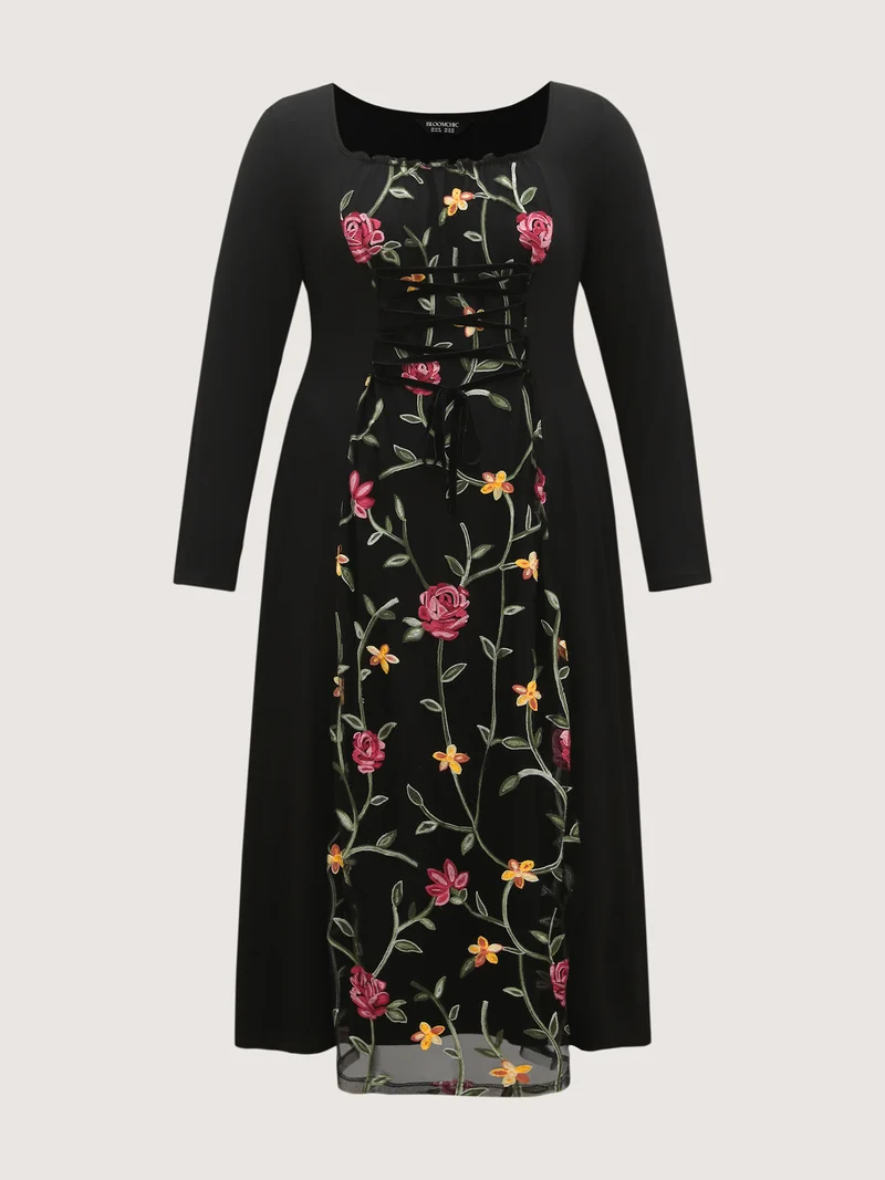 Floral Waist-Tie Contrast Maxi Dress