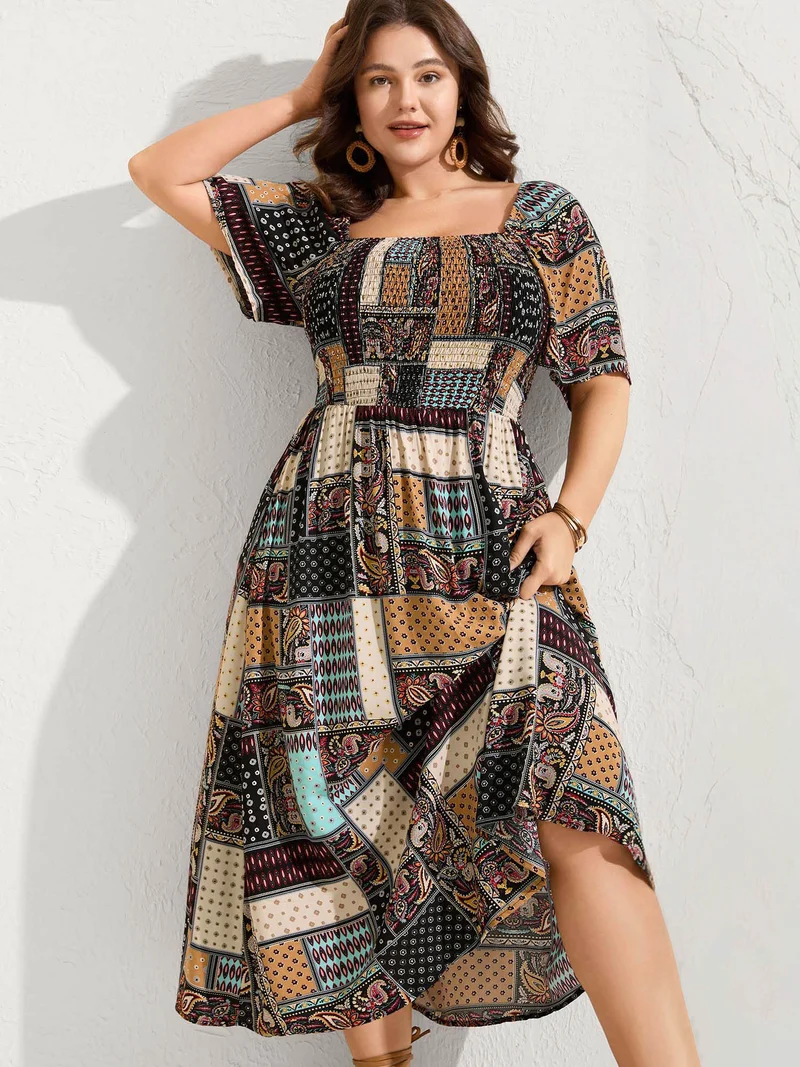 Paisley Floral Collage Shirred Pockets Midi Dress