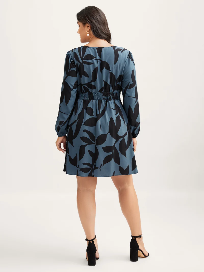 Silhouette Flower Print Shirred Waist Knee-Length Dress