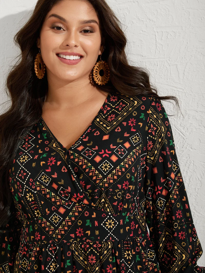 Supersoft Shirred Boho Collage Midi Dress