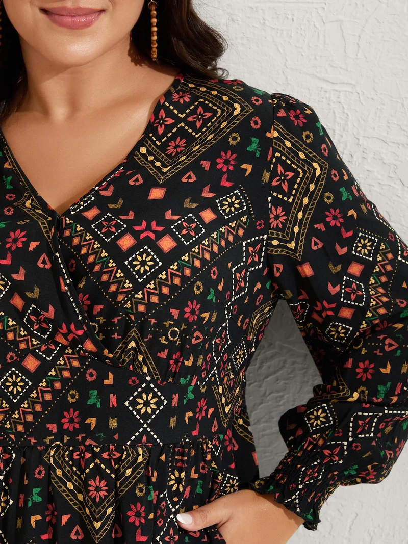 Supersoft Shirred Boho Collage Midi Dress