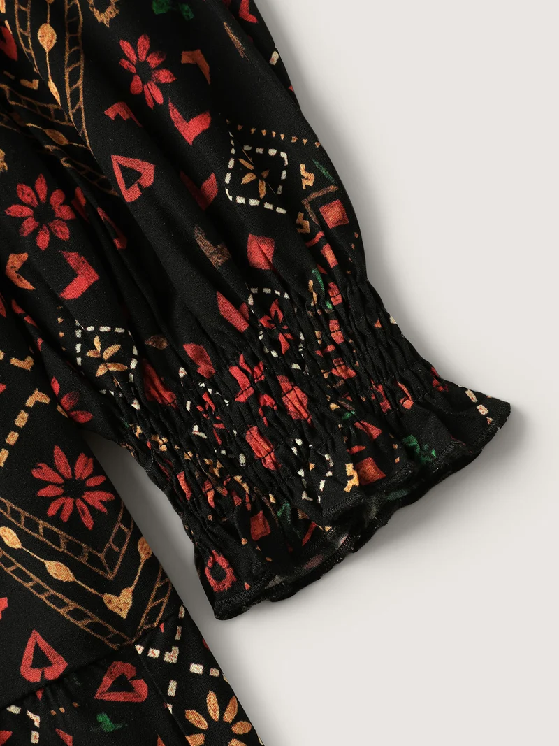 Supersoft Shirred Boho Collage Midi Dress
