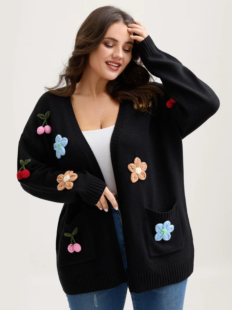 Crochet Floral Front-Open Pockets Knit Cardigan