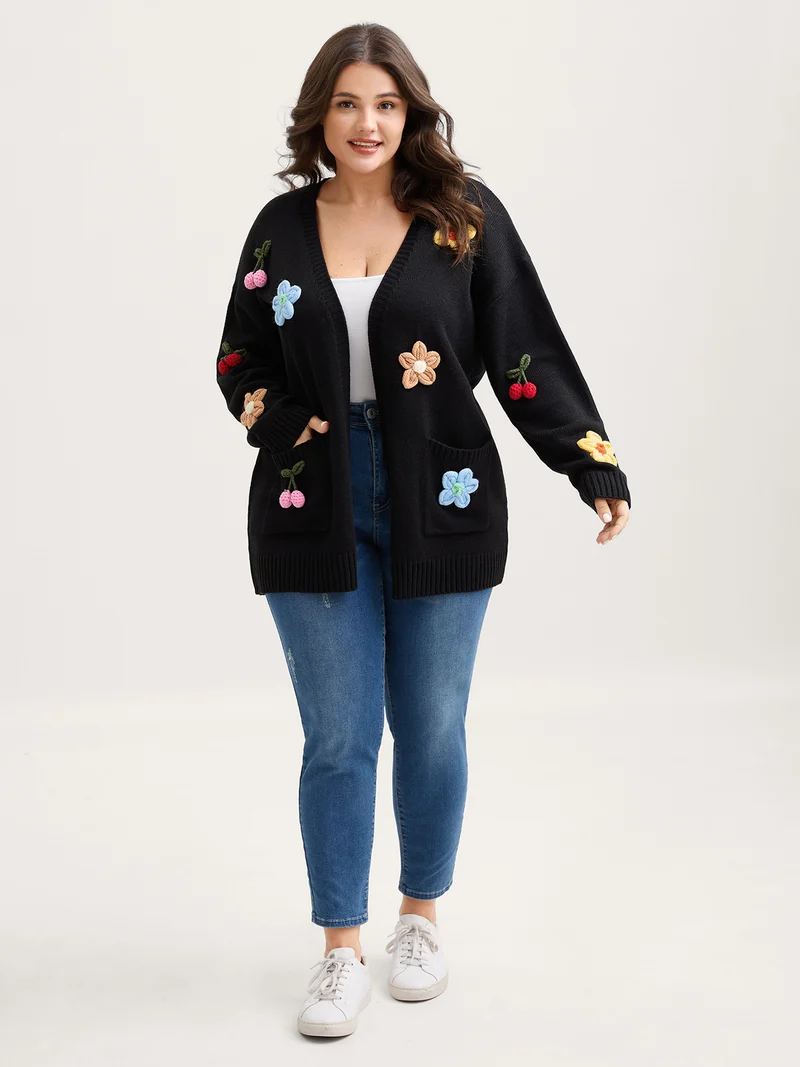 Crochet Floral Front-Open Pockets Knit Cardigan