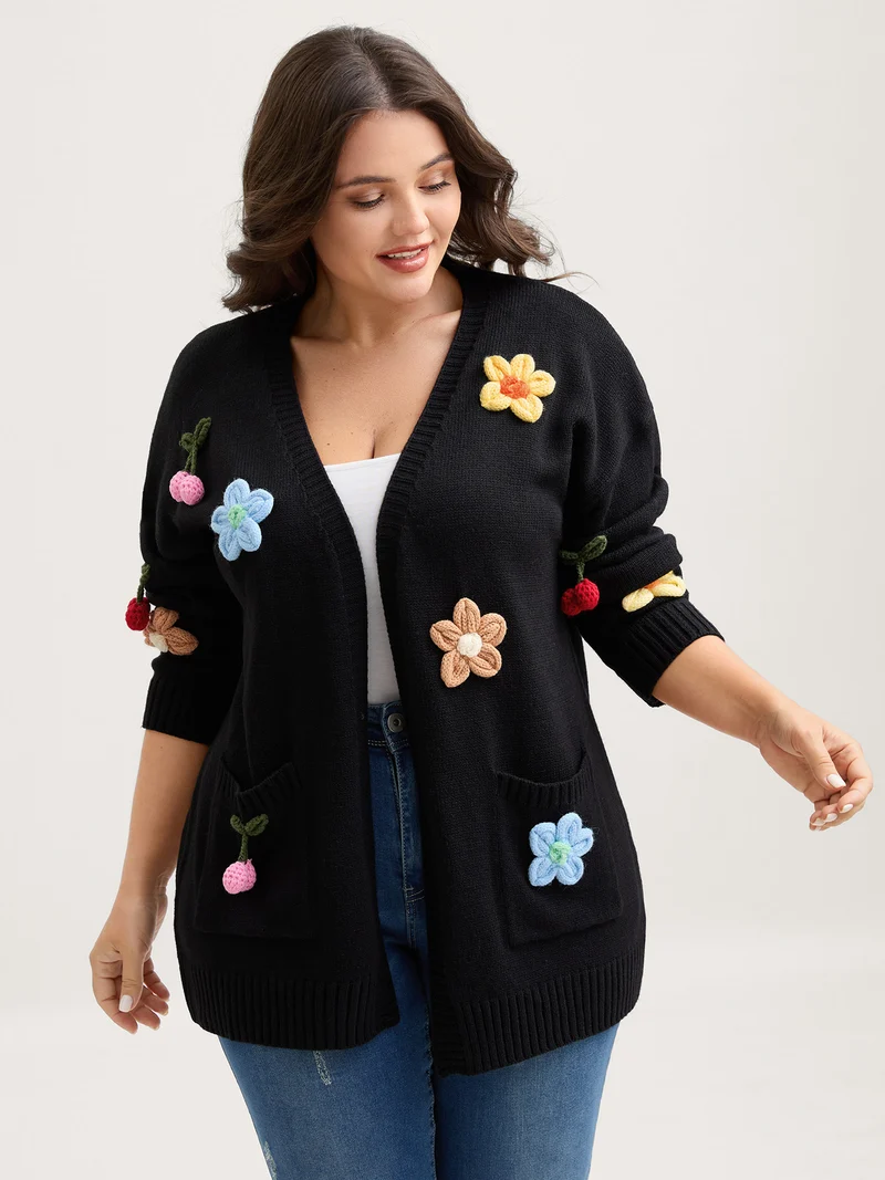 Crochet Floral Front-Open Pockets Knit Cardigan