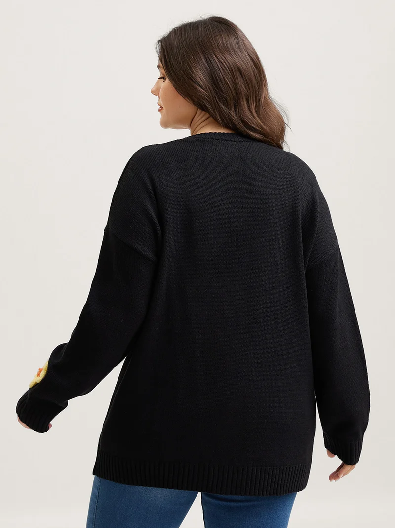 Crochet Floral Front-Open Pockets Knit Cardigan