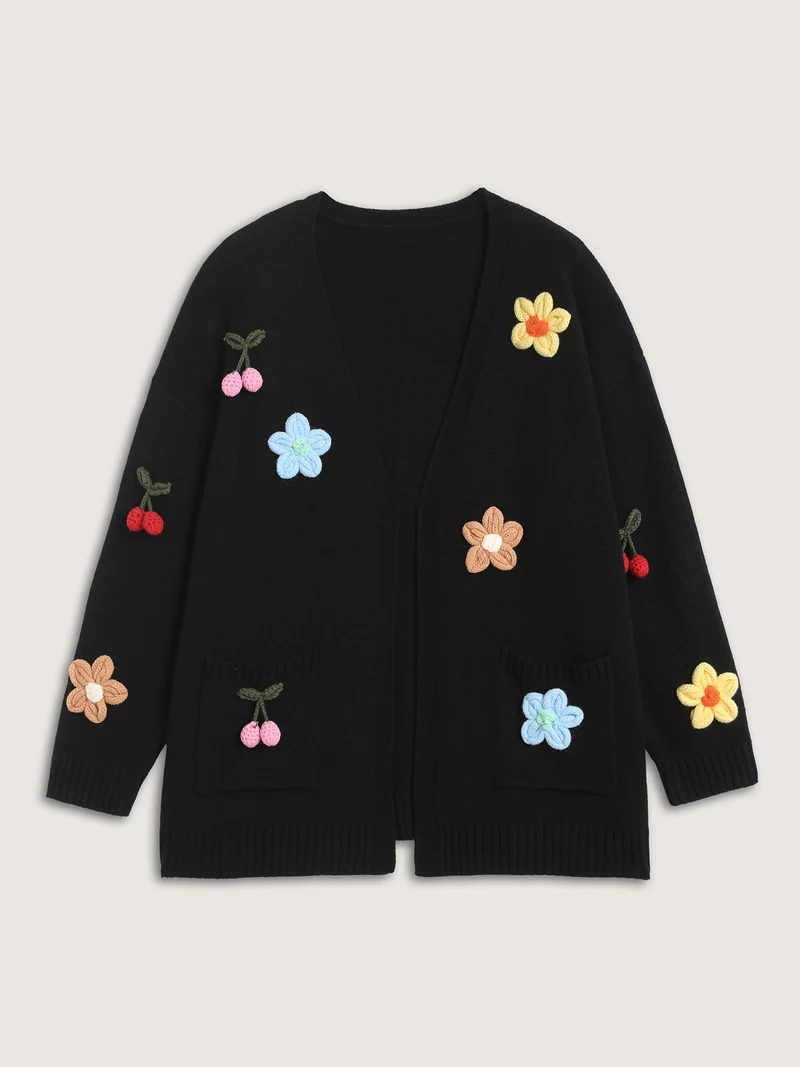 Crochet Floral Front-Open Pockets Knit Cardigan