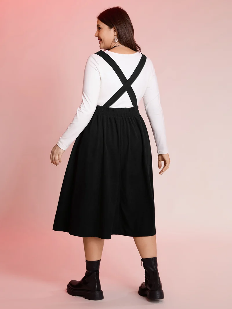 Happy Cat Embroidery Overall Straps Midi Dress