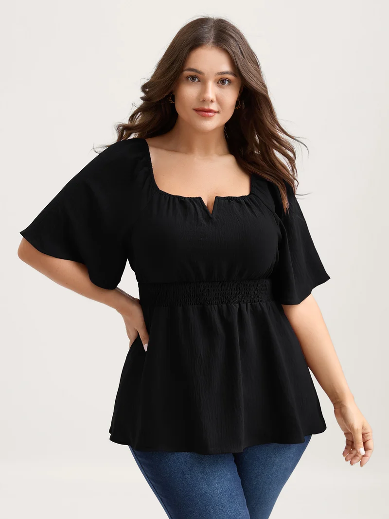 Stretchy Neckline Waist-Cinched Solid Blouse