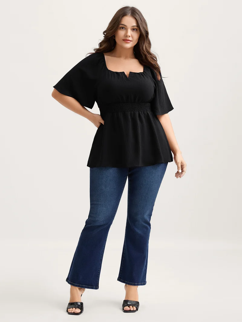 Stretchy Neckline Waist-Cinched Solid Blouse