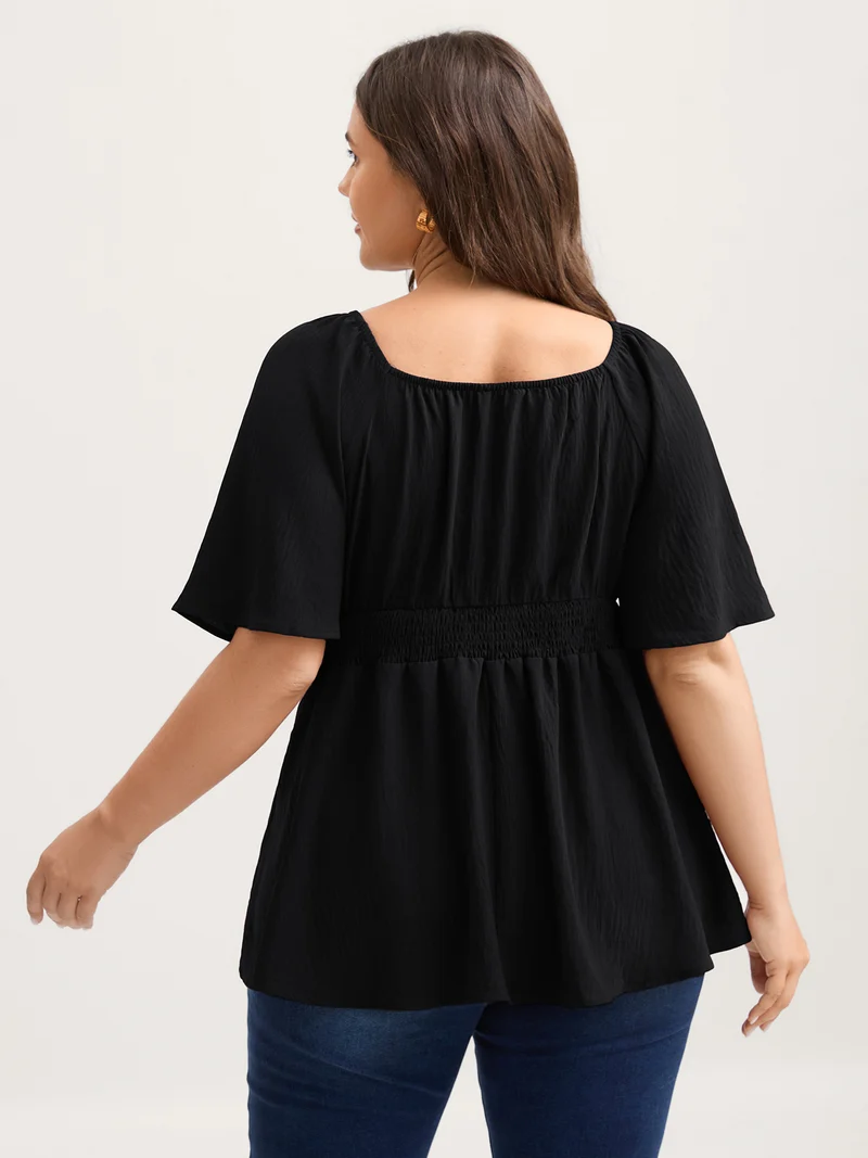Stretchy Neckline Waist-Cinched Solid Blouse