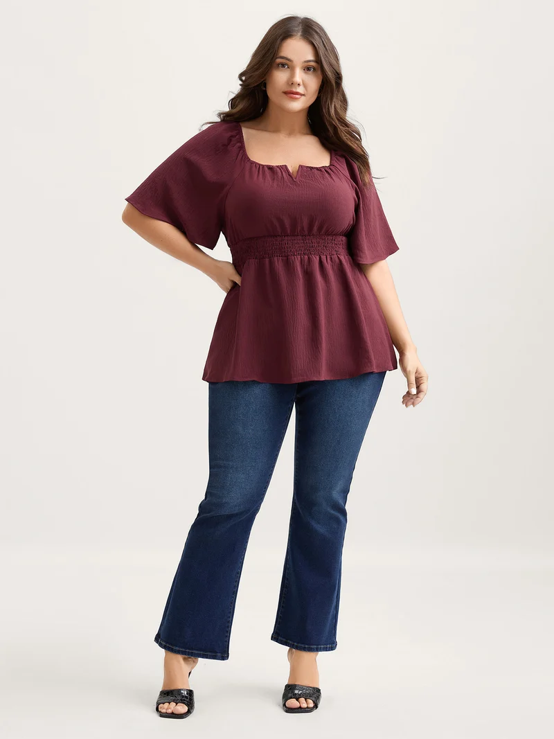 Stretchy Neckline Waist-Cinched Solid Blouse