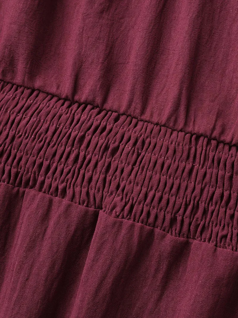 Stretchy Neckline Waist-Cinched Solid Blouse