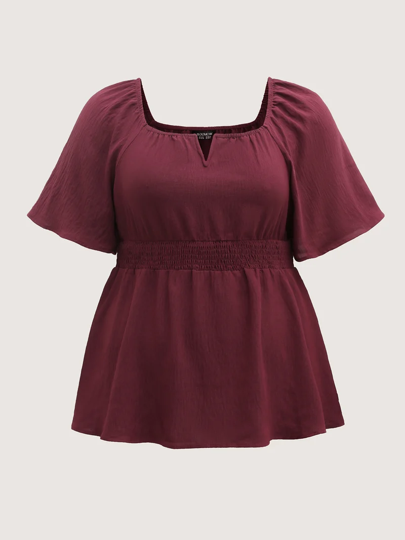 Stretchy Neckline Waist-Cinched Solid Blouse