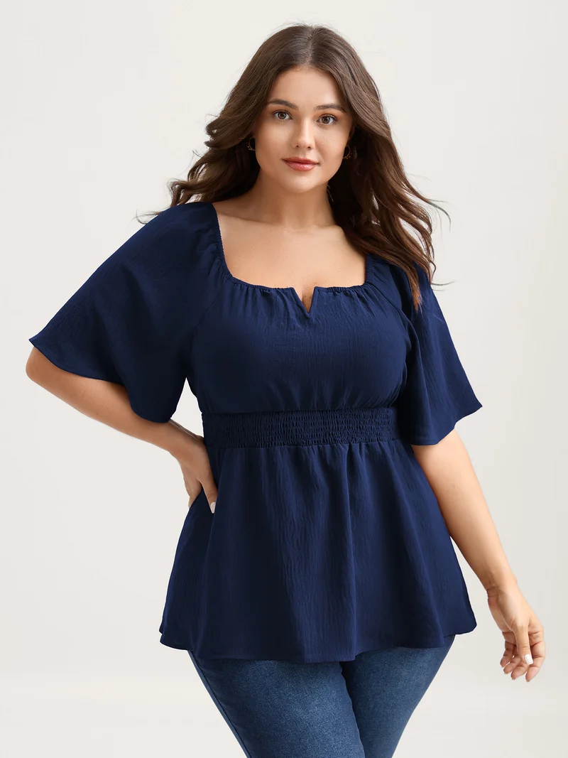 Stretchy Neckline Waist-Cinched Solid Blouse
