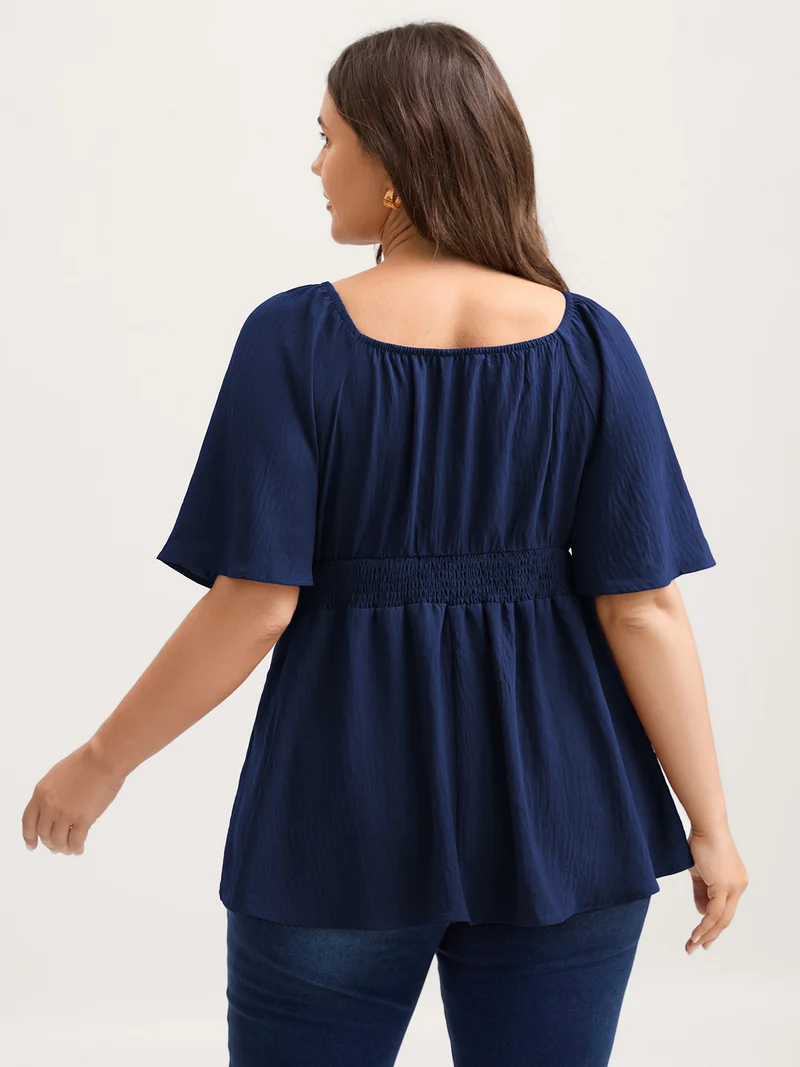 Stretchy Neckline Waist-Cinched Solid Blouse