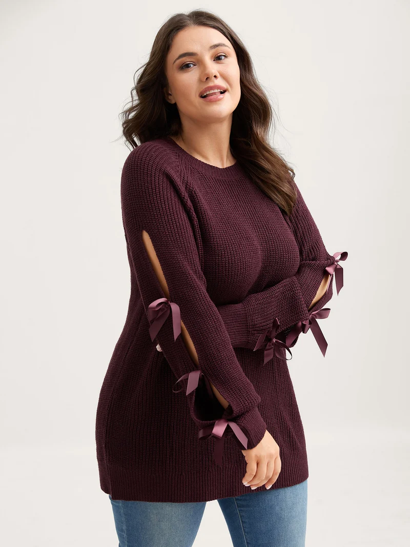 Bowknot Cut-Out Sleeve Solid Pullover
