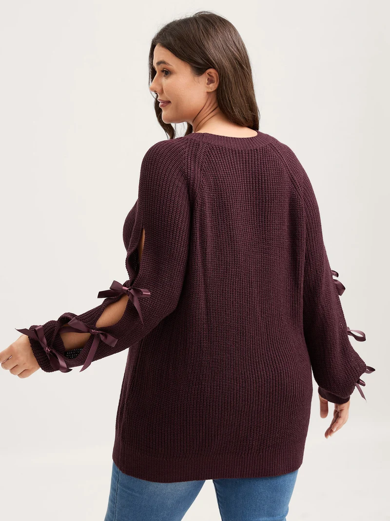 Bowknot Cut-Out Sleeve Solid Pullover