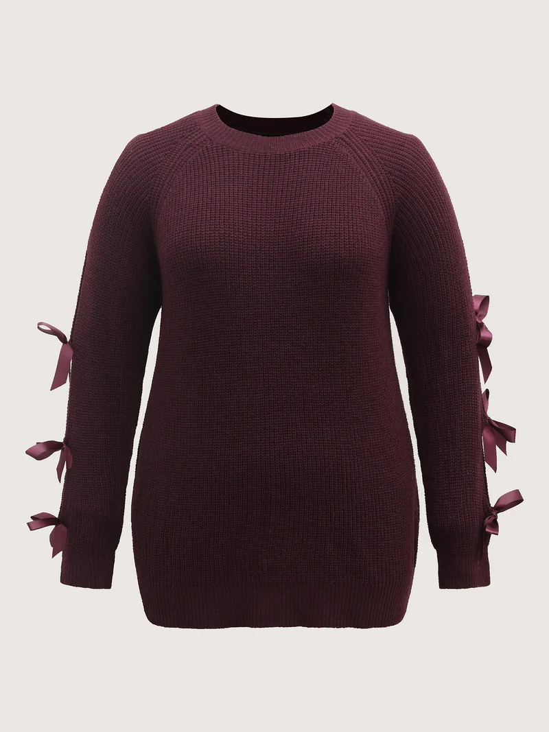 Bowknot Cut-Out Sleeve Solid Pullover