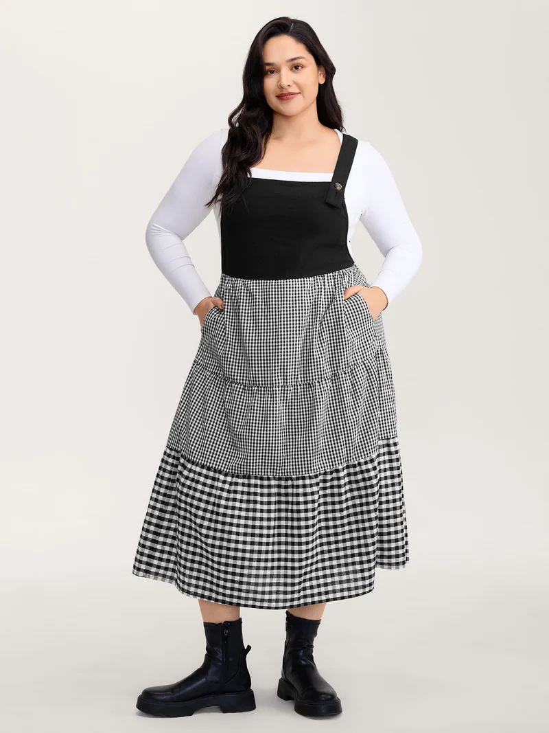 Cotton Gingham Patchwork Overall Strap Midi Dress