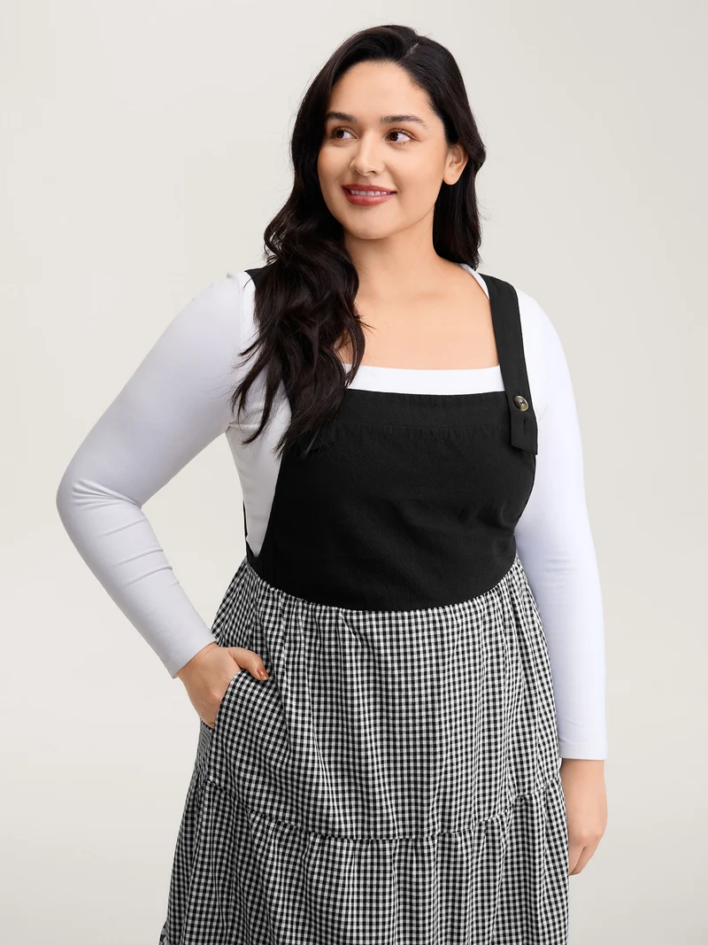 Cotton Gingham Patchwork Overall Strap Midi Dress