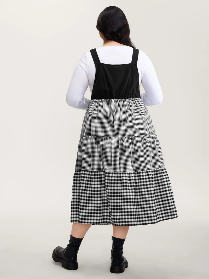 Cotton Gingham Patchwork Overall Strap Midi Dress
