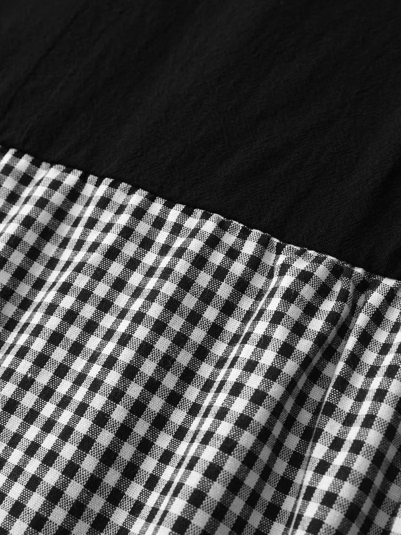 Cotton Gingham Patchwork Overall Strap Midi Dress